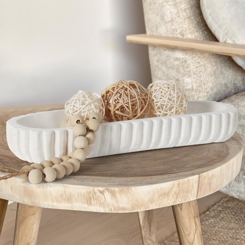 Oakrain Wooden Decorative Bowl, Dough Bowl for Home Decor, 16" Table Centerpiece Bowl with Hand Carved Vertical Stripes for Farmhouse Boho Rustic Style, White - Image 4
